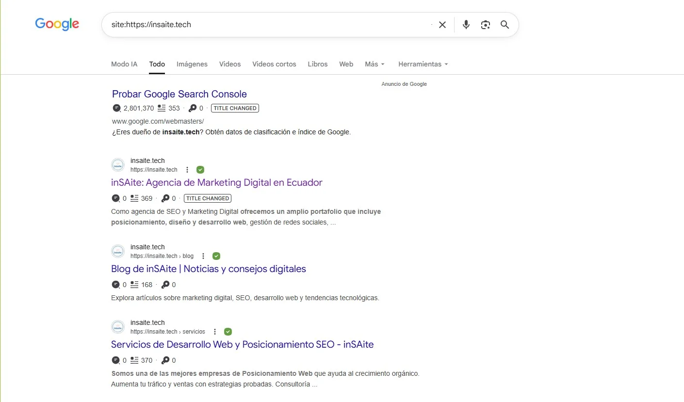 Captura de Google utilizando site:https://insaite.tech para mostrar un ejemplo